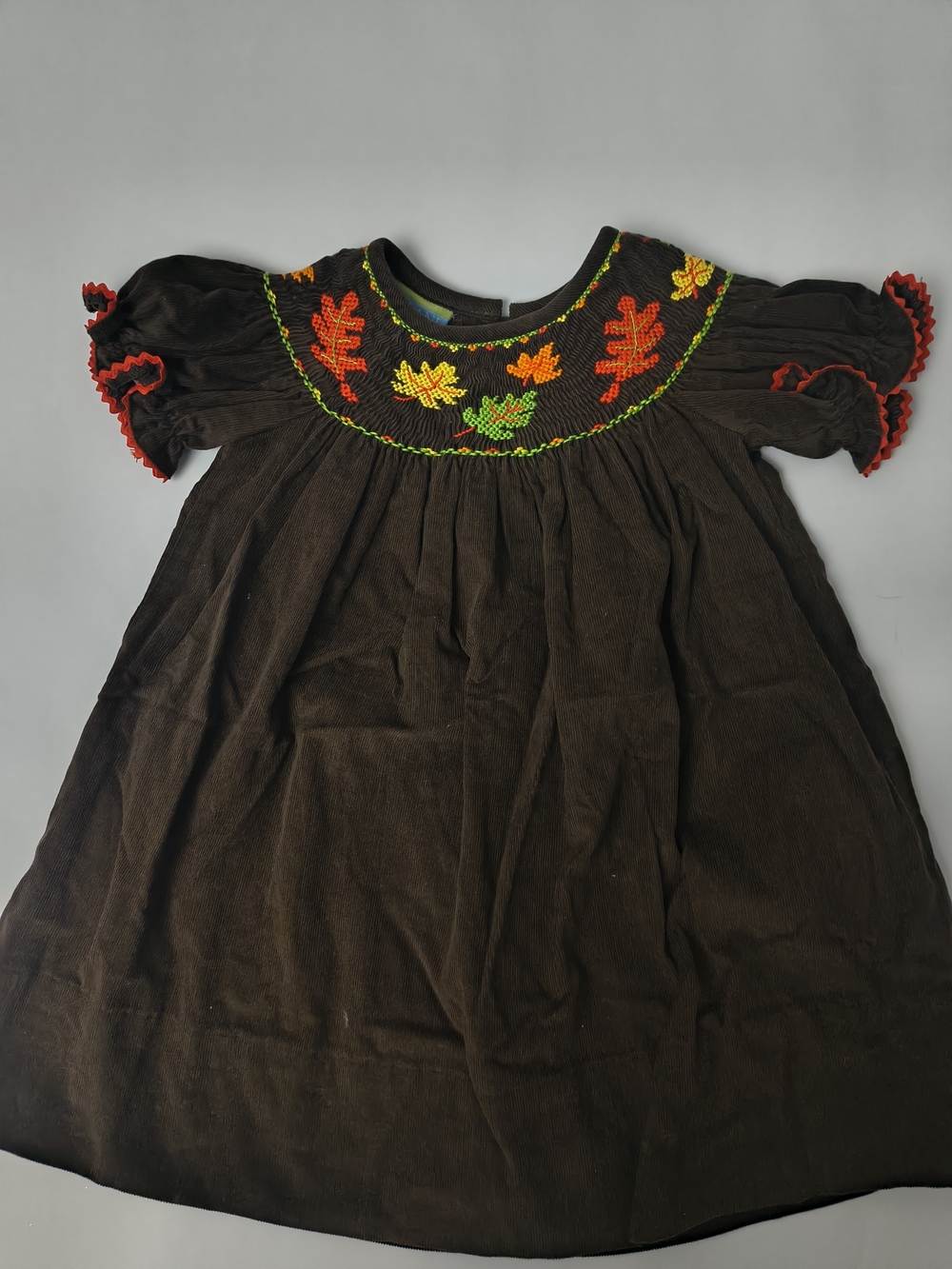 Girls Brown Corduroy Fall Dress with Leaf Smocking